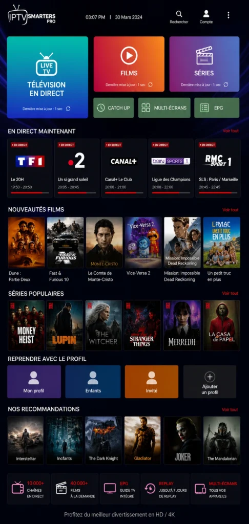 Interface de l'application IPTV Smarters Pro affichant le catalogue de chaînes en direct, films et séries
