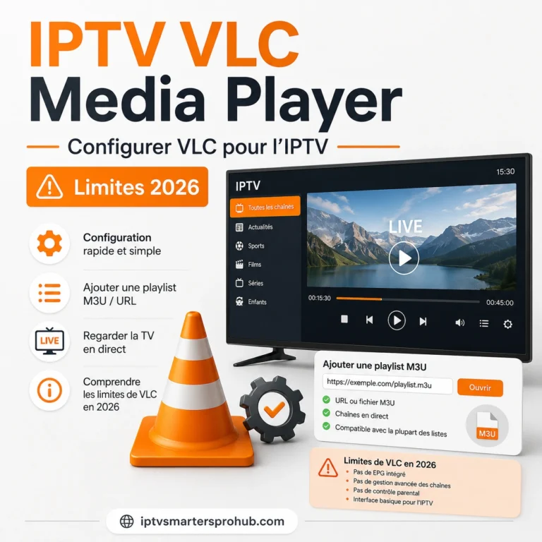 Image illustrant comment configurer VLC Media Player pour l’IPTV en 2026, avec playlist M3U, lecture TV en direct et limites de VLC.