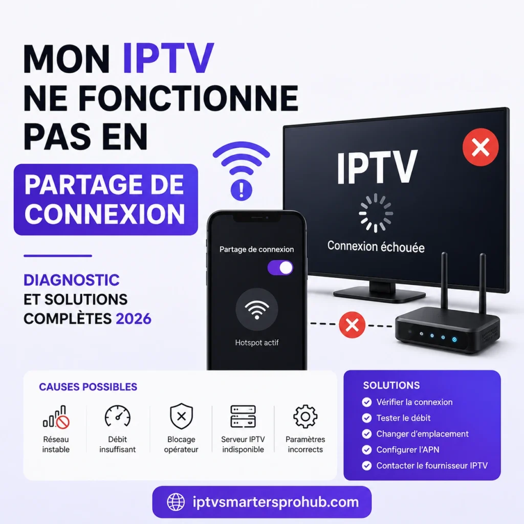 Image illustrant le diagnostic et les solutions quand IPTV ne fonctionne pas en partage de connexion en 2026, avec hotspot mobile, TV et erreur de connexion.