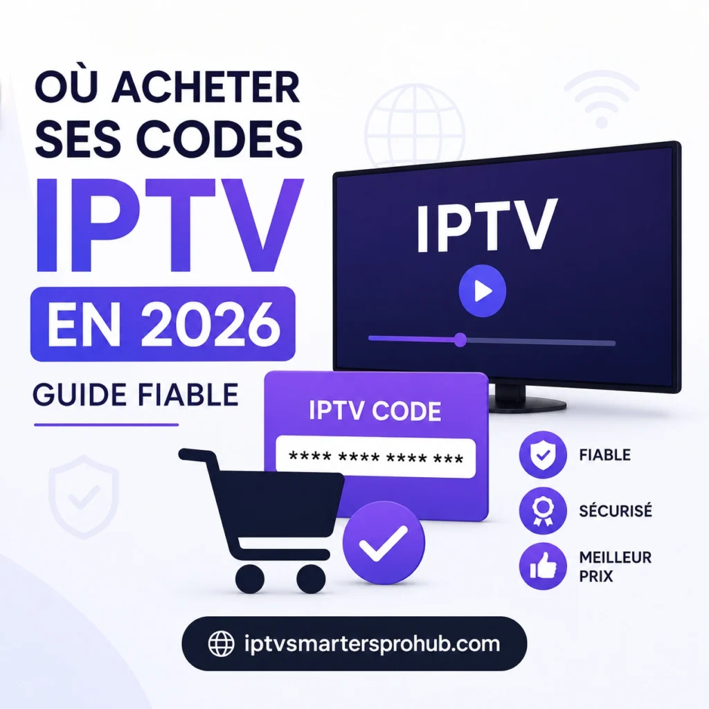 Image minimaliste illustrant où acheter ses codes IPTV légaux en 2026, avec guide fiable, icônes de sécurité, paiement et abonnement IPTV.