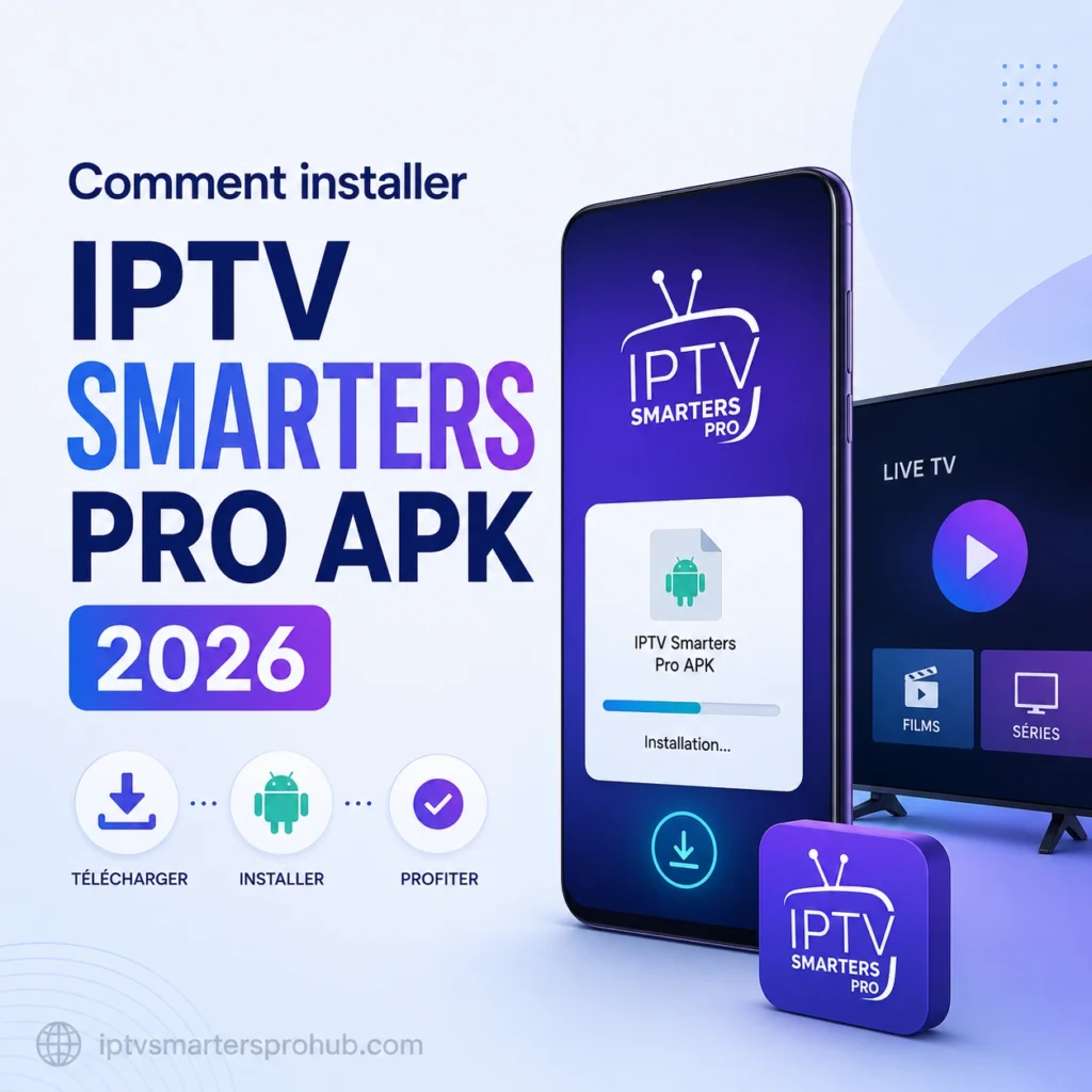 Image illustrant comment installer IPTV Smarters Pro APK 2026 sur Android, avec étapes de téléchargement, installation et utilisation.